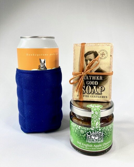 beer can/bottle holder, soap, old english apple chutney