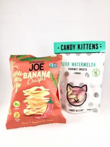 Banana crisps, sour watermelon sweets